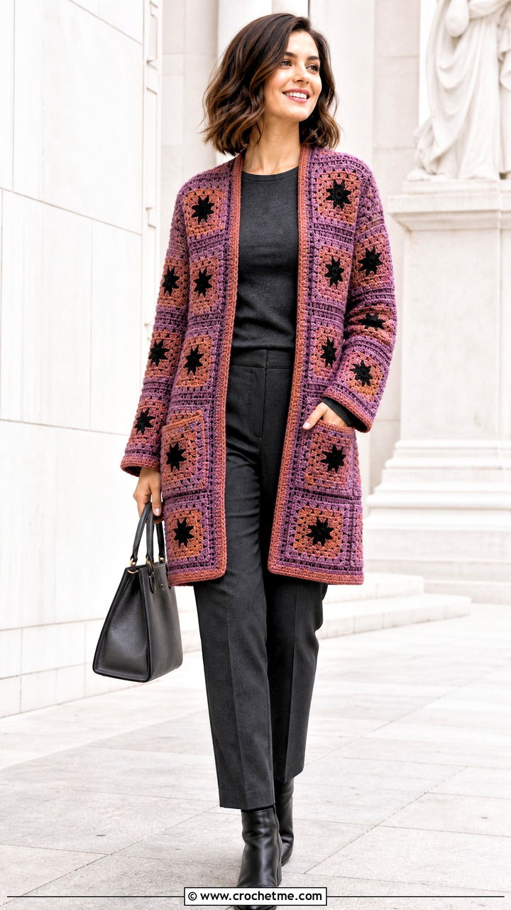 Mosaic Crochet Cardigan With Pockets And Monochrome Outfit - 35 crochet cardigan with pockets outfit ideas