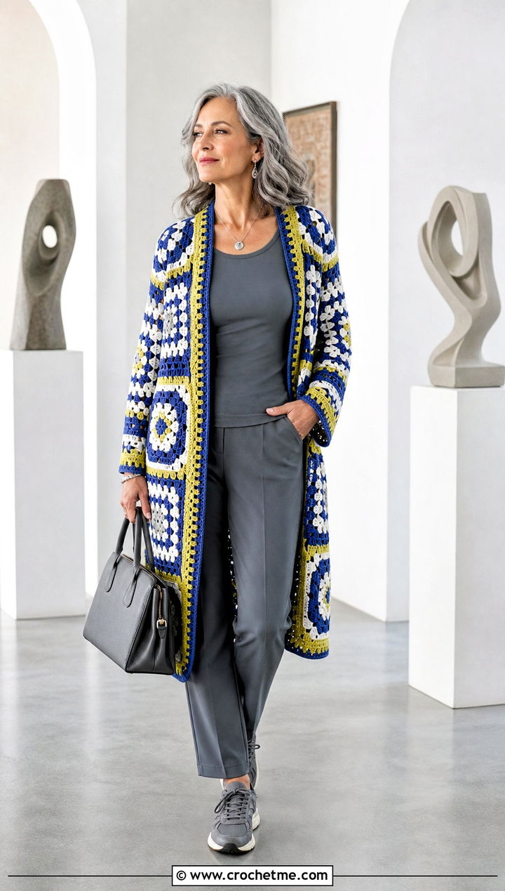 Mosaic Crochet Cardigan With a Monochrome Outfit - 30 cute crochet cardigans outfit ideas