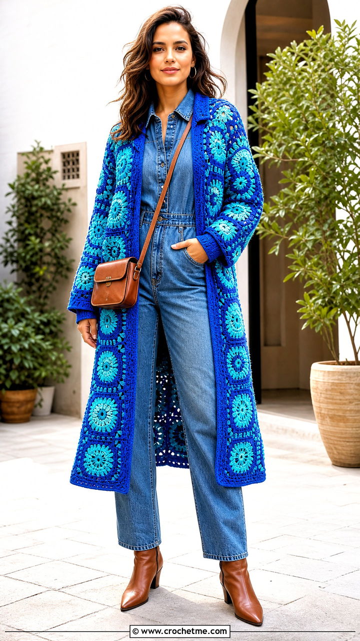 Mosaic Crochet Coat With Denim Jumpsuit - 35 crochet coat outfit ideas