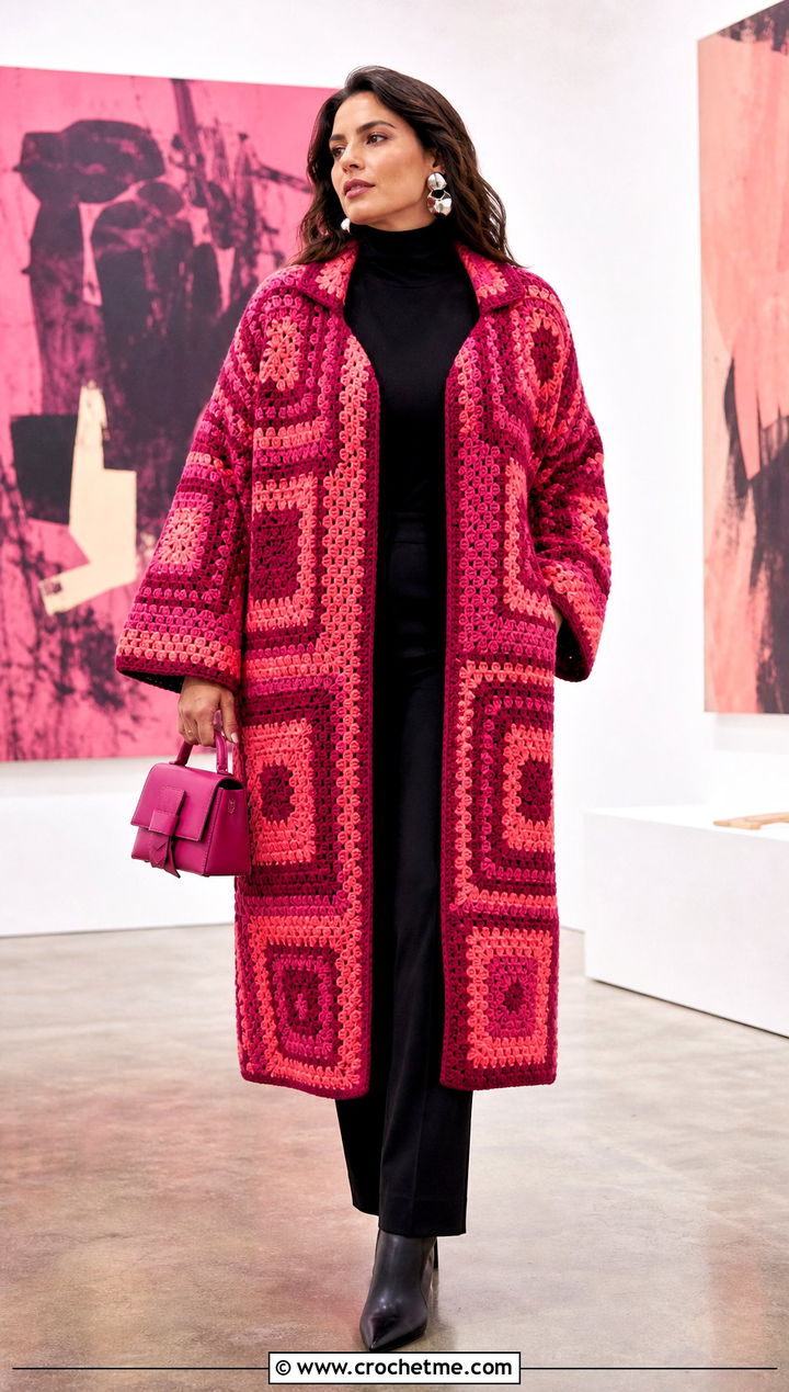 Mosaic Crochet Coat With a Black Column Outfit - 15 stylish crochet coat design outfit ideas