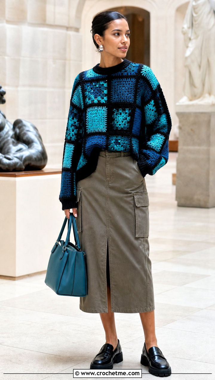 Mosaic Crochet Colorblock Sweater With Utility Skirt - 30 crochet colorblock sweater outfit ideas