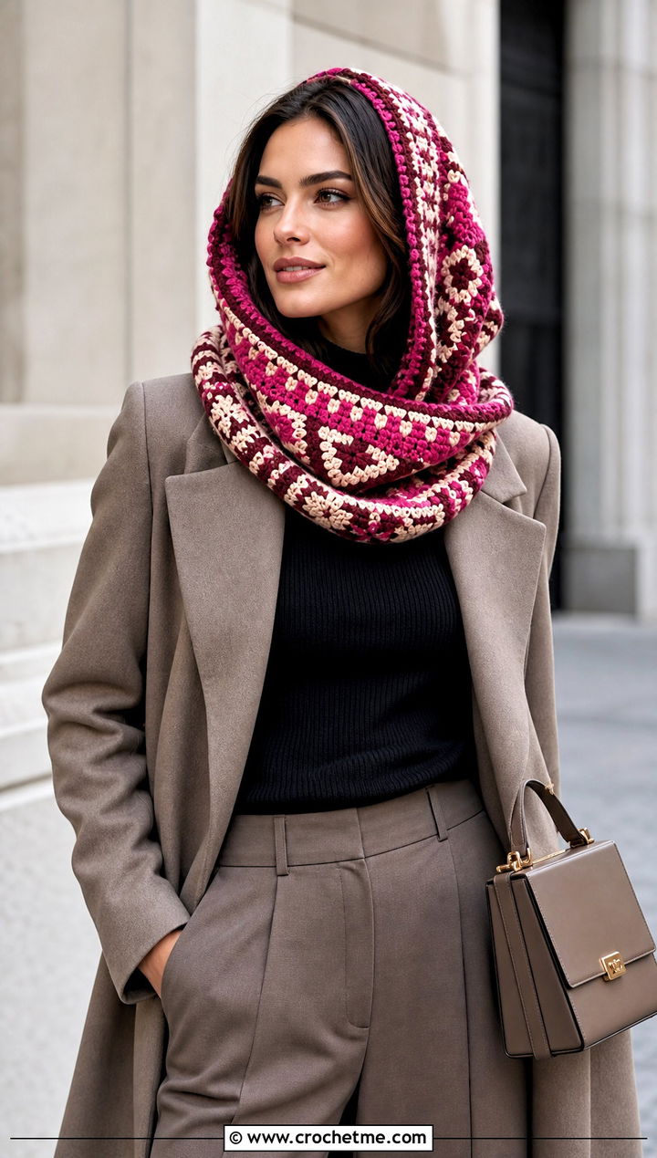 Mosaic Crochet Cowl Hood With Minimalist Coat - 25 crochet cowl hood outfit ideas