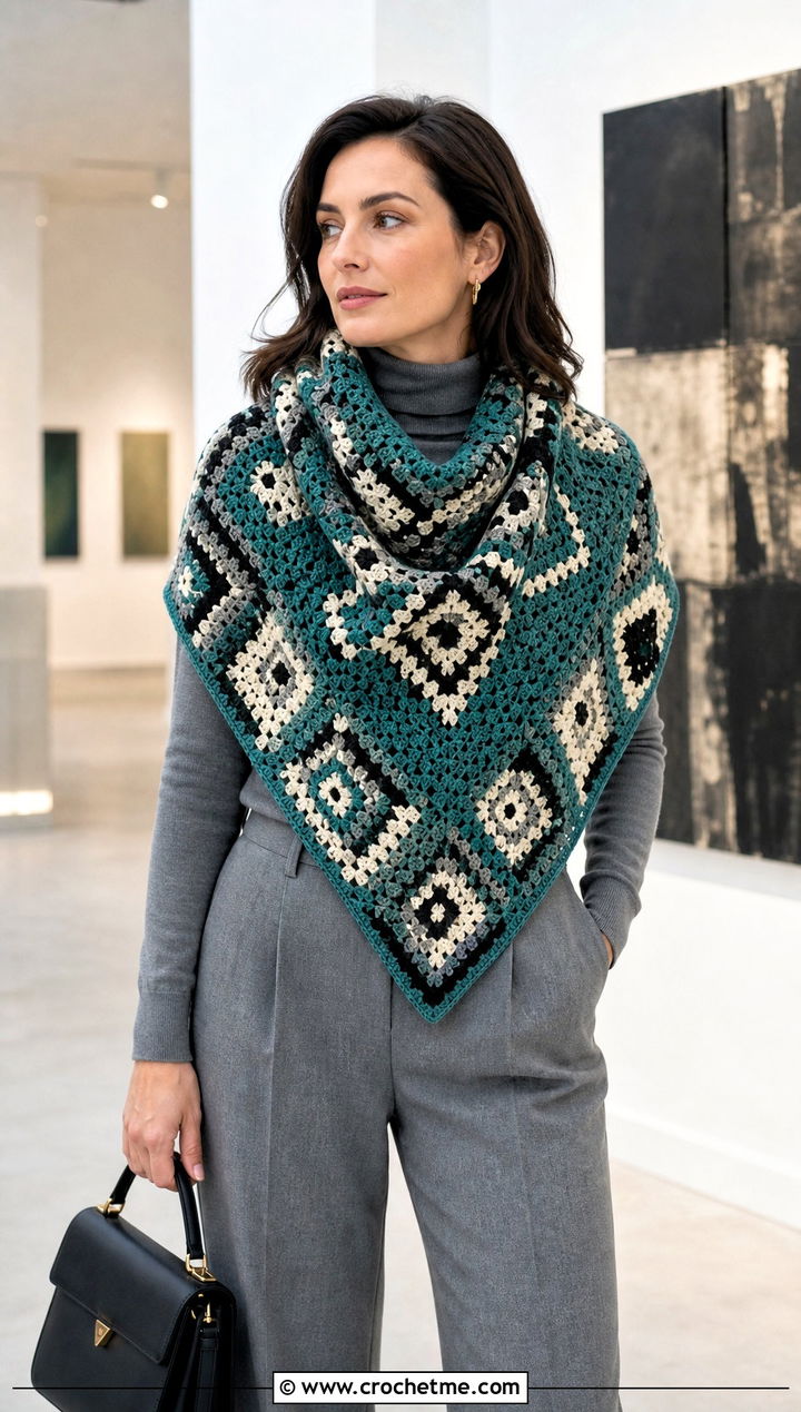 Mosaic Crochet Cowl Shawl With Monochrome Outfit - 20 crochet cowl shawl outfit ideas