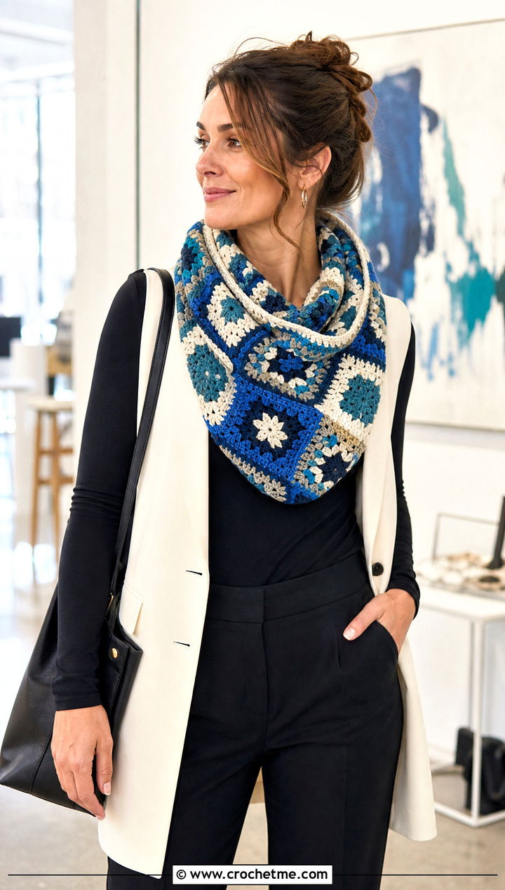 Mosaic Crochet Cowl With Longline Vest And Black Trousers - 35 crochet neck warmer cowls outfit ideas