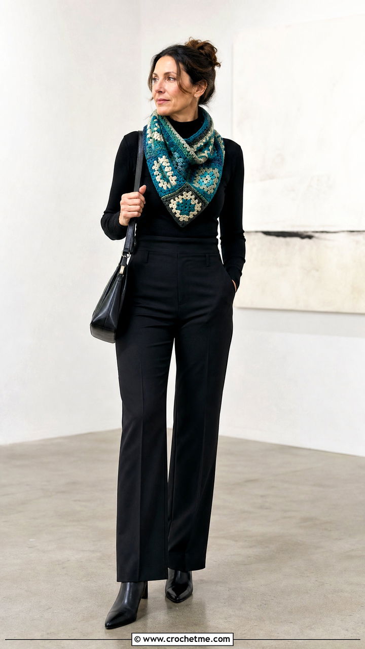 Mosaic Crochet Cowl With Minimal Black Outfit - 35 crochet cowls outfit ideas