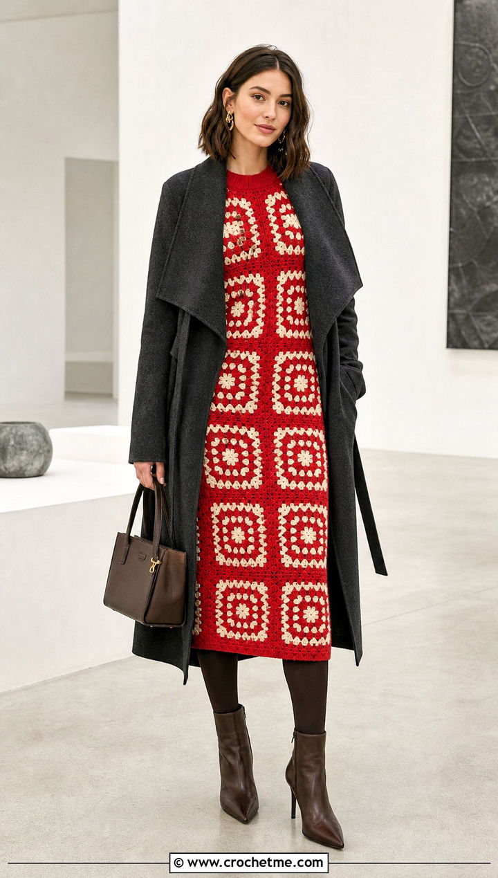 Mosaic Crochet Dress With Ankle Boots - 30 crochet dress for winter outfit ideas