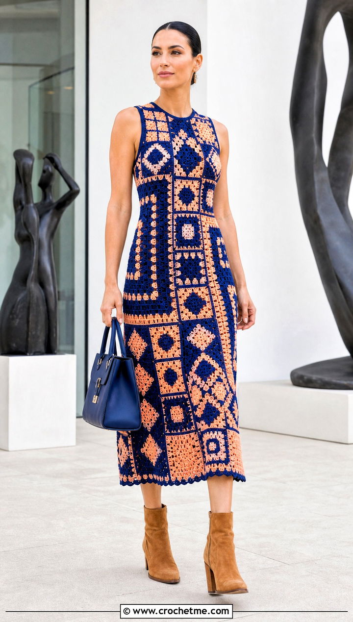 Mosaic Crochet Dress With Suede Accessories - 30 fancy crochet dress outfit ideas