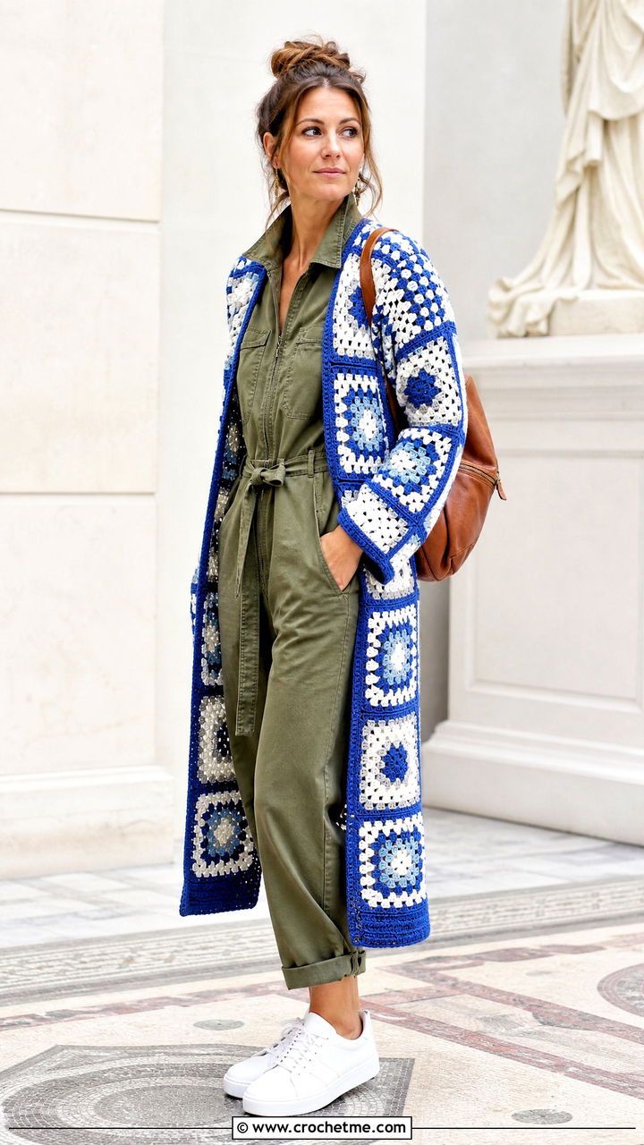 Mosaic Crochet Duster Cardigan With Utility Jumpsuit - 35 crochet duster cardigan outfit ideas