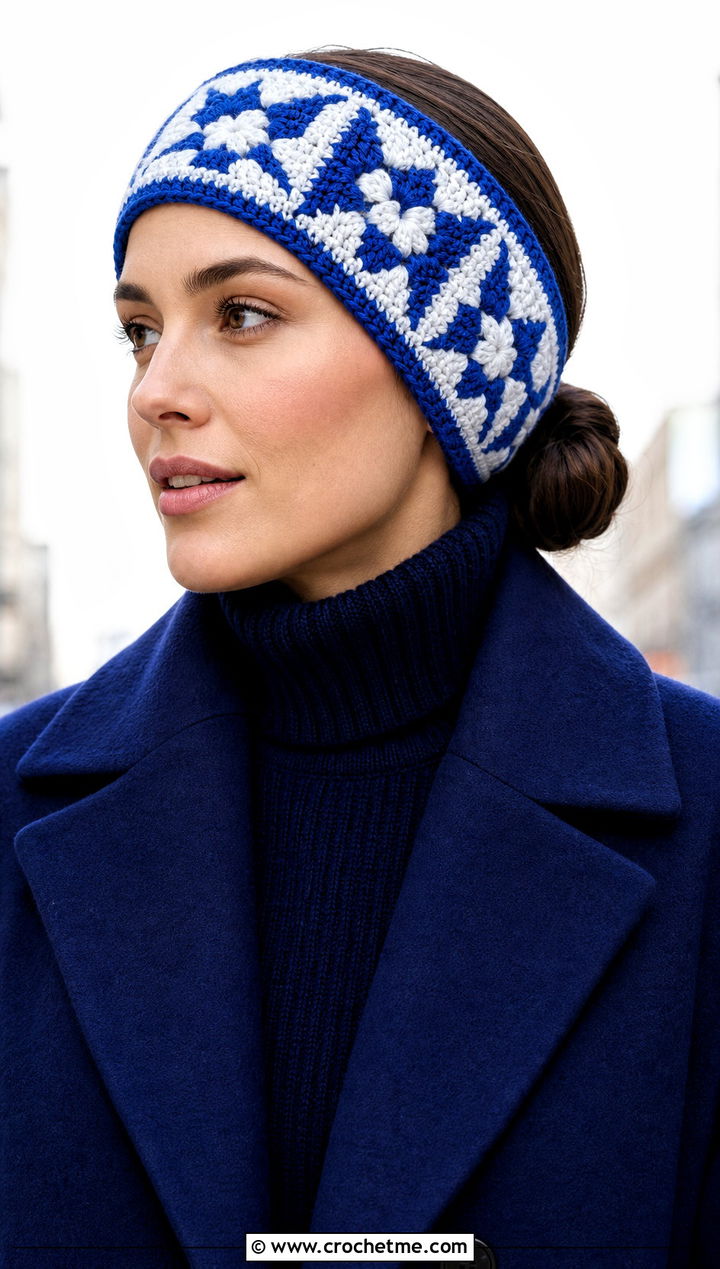 Mosaic Crochet Ear Warmer With Monochrome Outfit - 25 Quick Crochet Ear Warmer outfit ideas