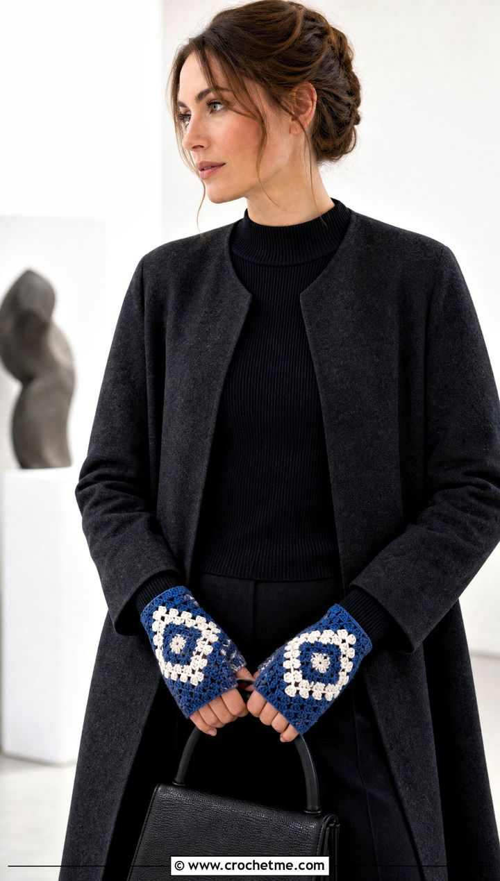 Mosaic Crochet Fingerless Mitts With Monochrome Outfit - 25 Crochet Fingerless Mitts outfit ideas