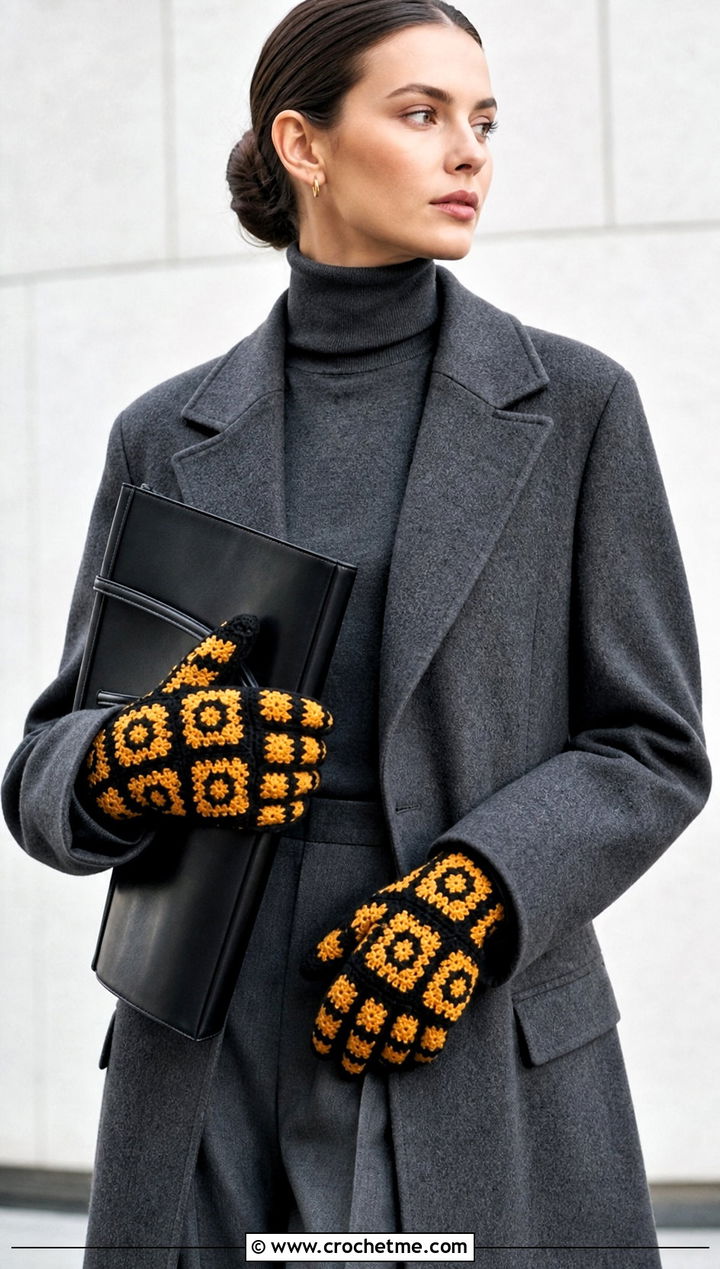Mosaic Crochet Gloves With Monochrome Outfit - 30 aesthetic crochet gloves outfit ideas
