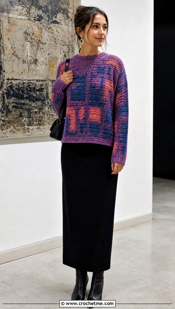 Mosaic Crochet Graph Sweater With Maxi Dress - 30 crochet graph sweater outfit ideas