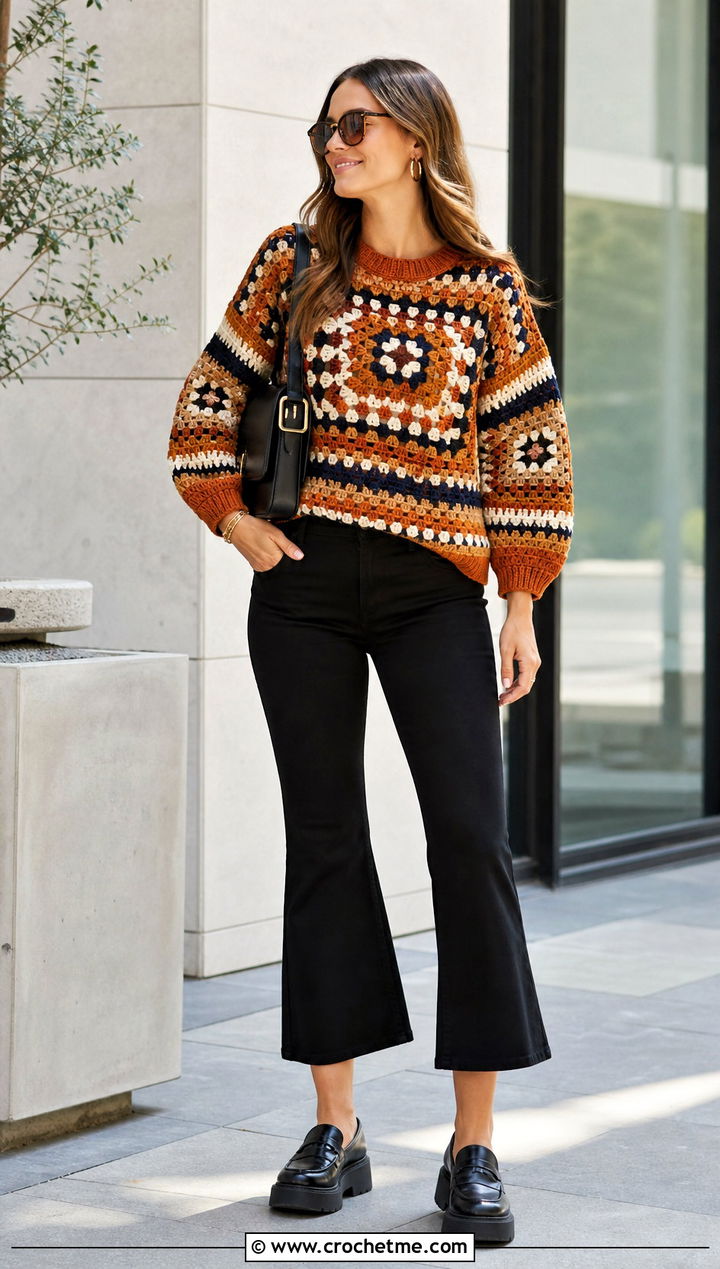 Mosaic Crochet Graphic Sweater With Cropped Flare Pants - 30 crochet graphic sweater outfit ideas