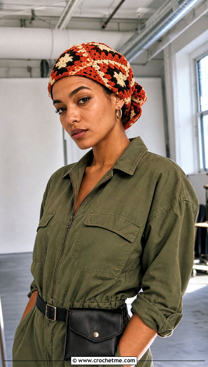 Mosaic Crochet Head Wrap With Utility Jumpsuit - 30 crochet head wrap outfit ideas