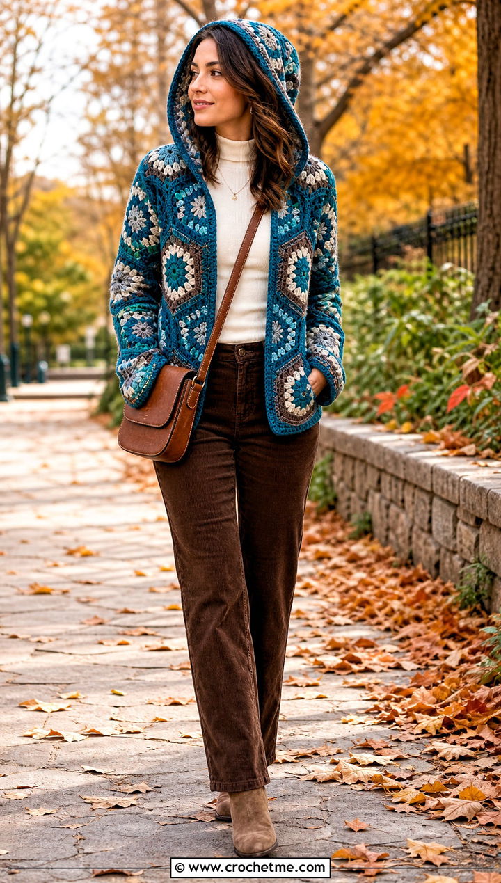 Mosaic Crochet Hexagon Hoodie With Corduroy Pants - 30 crochet hexagon hoodie outfit ideas