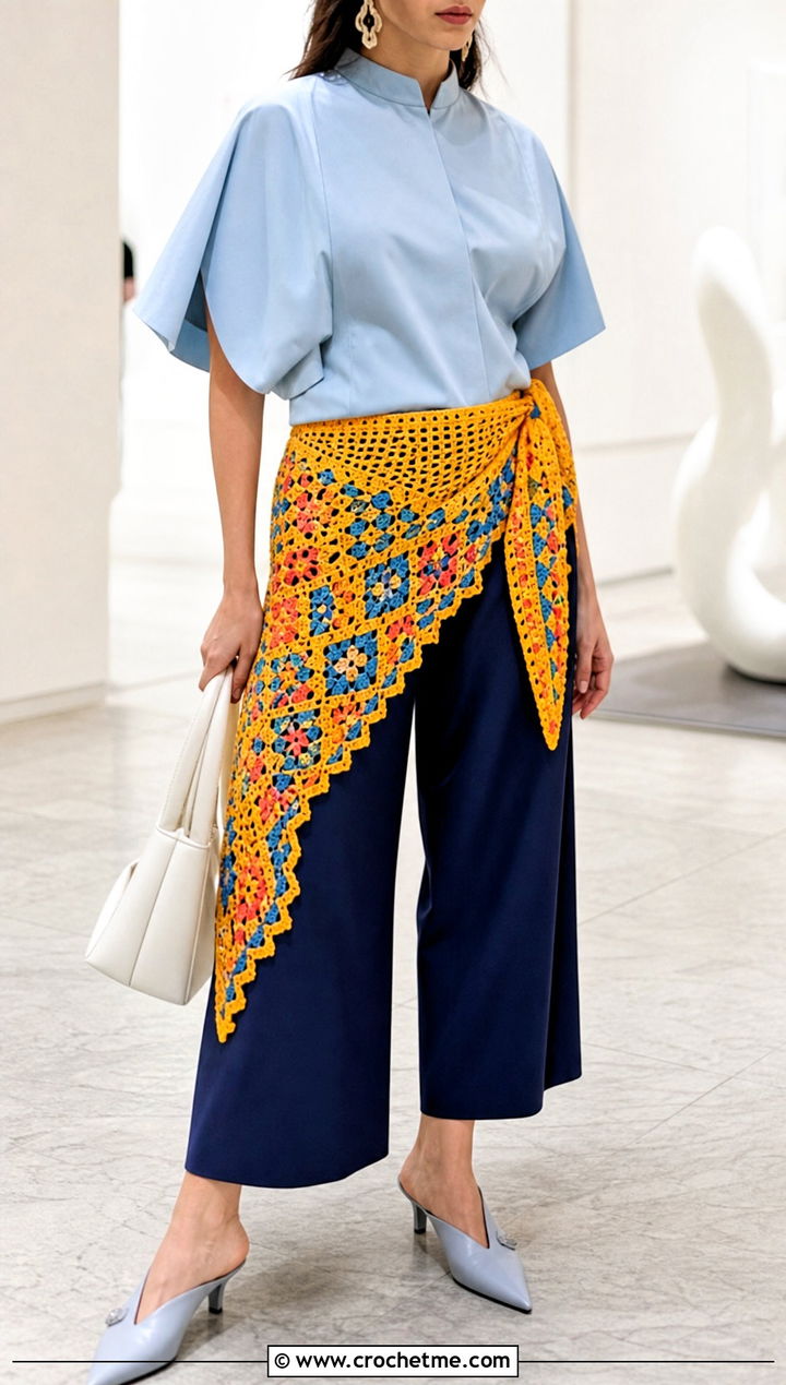 Mosaic Crochet Hip Scarf With Culottes - 30 Crochet Hip Scarf outfit ideas