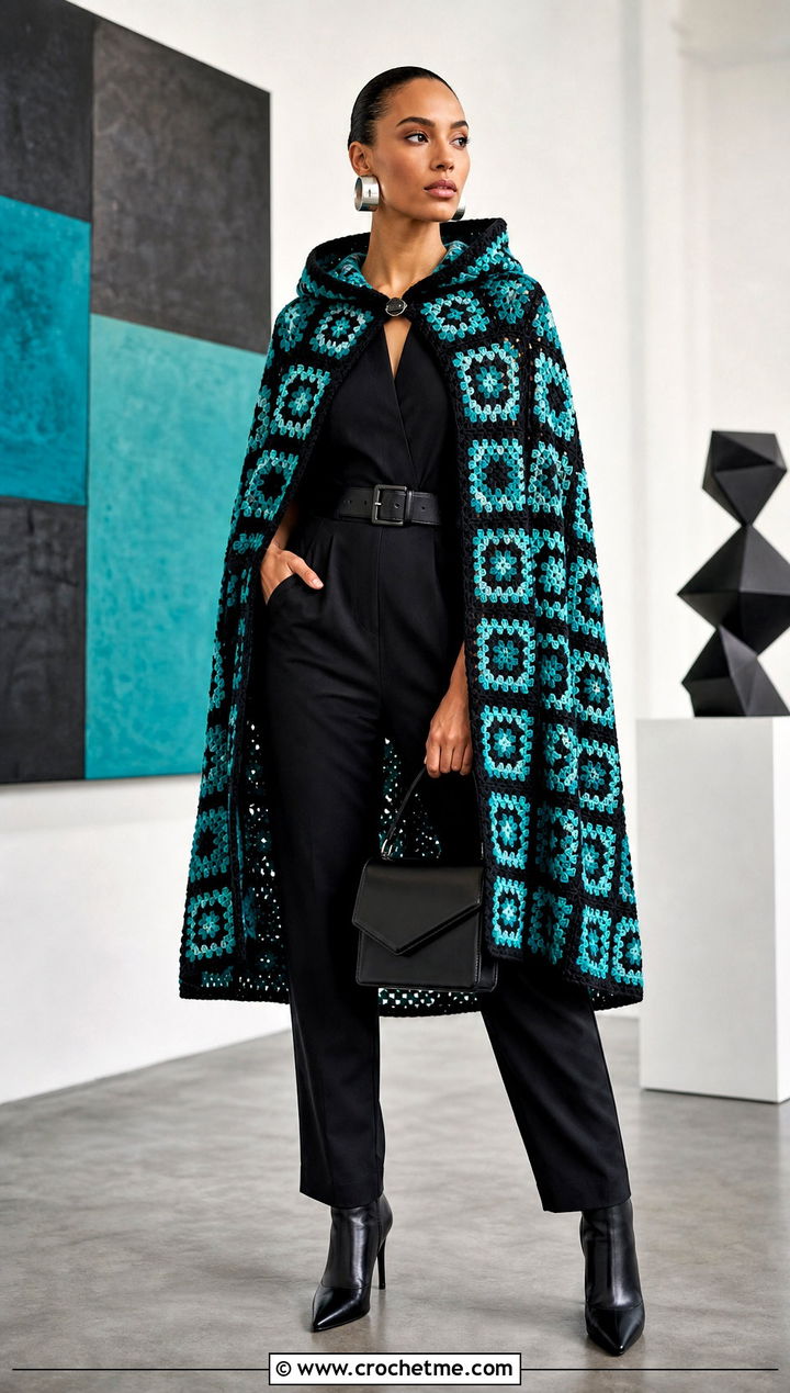 Mosaic Crochet Hooded Cape With Black Jumpsuit - 35 crochet hooded cape outfit ideas