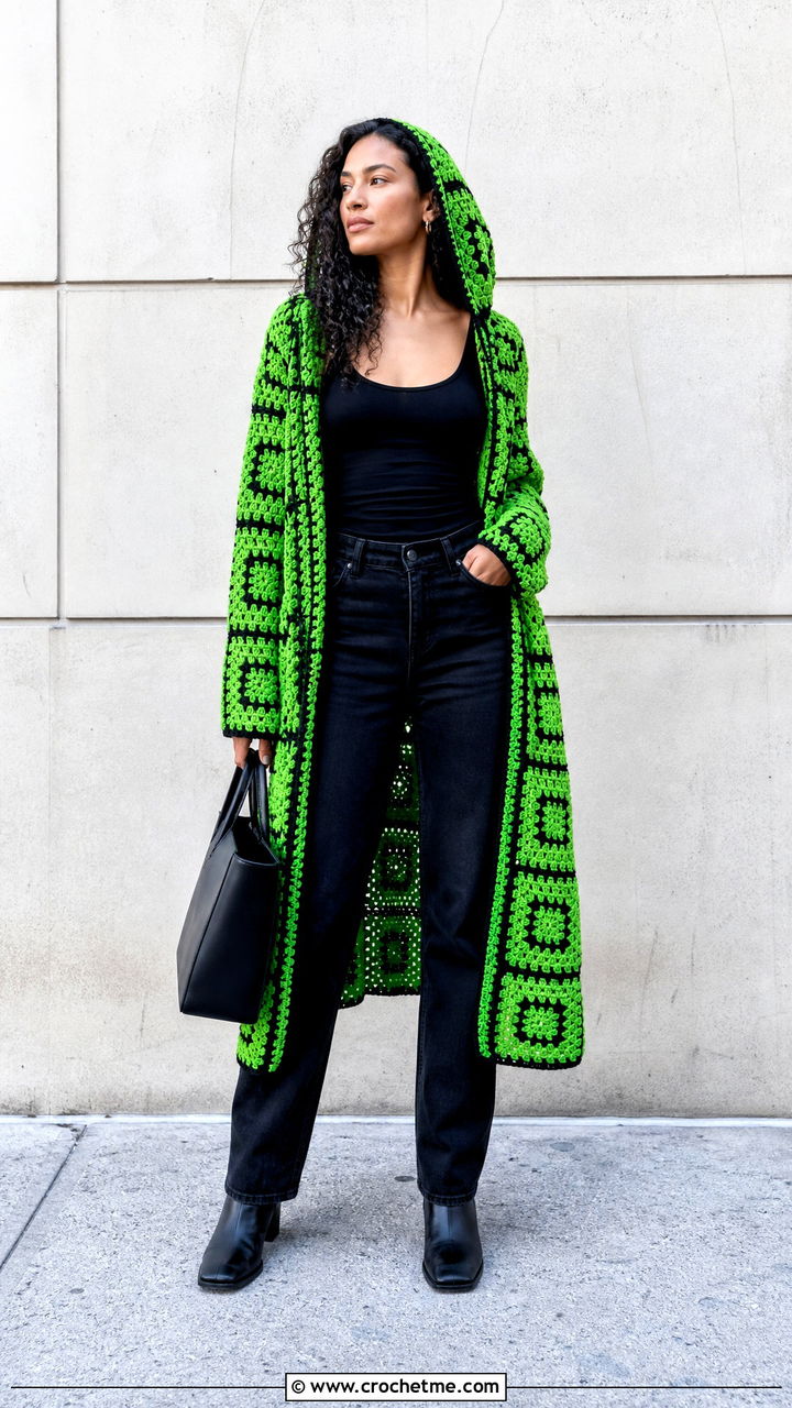 Mosaic Crochet Hooded Cardigan With Black Denim - 35 crochet hooded cardigan outfit ideas