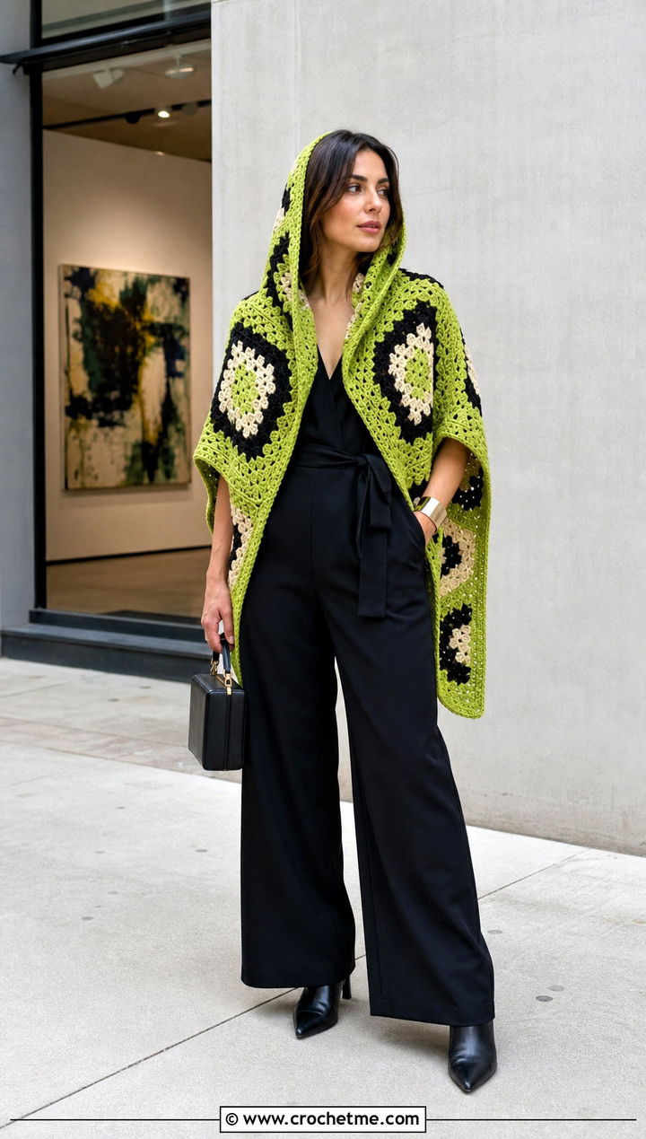 Mosaic Crochet Hooded Shawl With Black Jumpsuit - 35 crochet hooded shawl outfit ideas