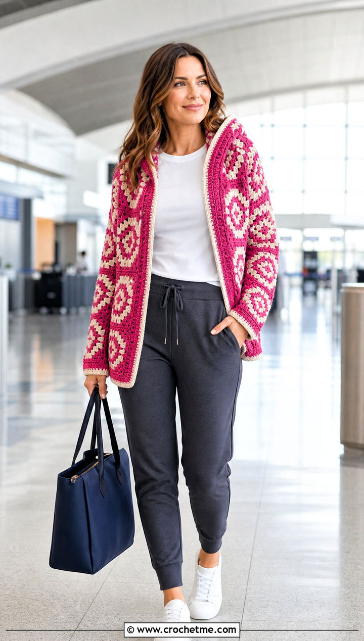 Mosaic Crochet Hoodie Cardigan With Joggers - 30 crochet hoodie cardigan outfit ideas