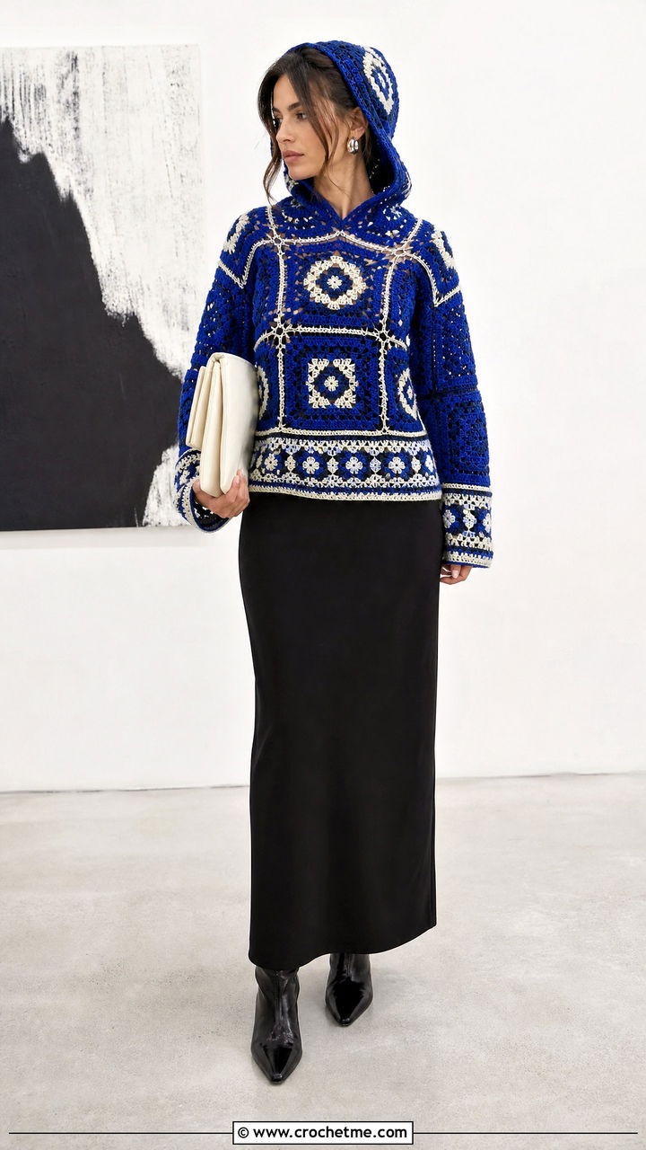 Mosaic Crochet Hoodie With Column Skirt - 35 crochet hoodie outfit ideas