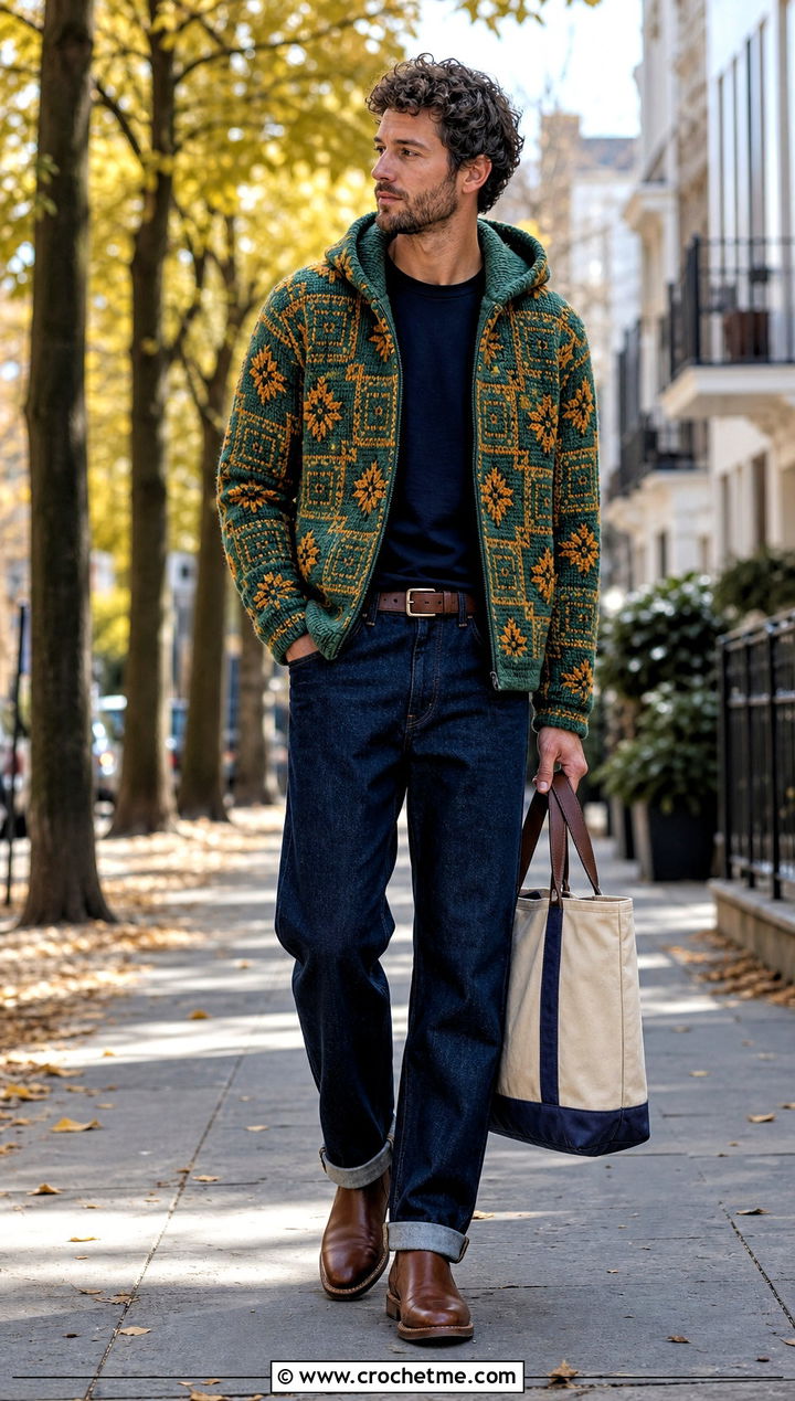 Mosaic Crochet Hoodie With Dark Denim - 35 crochet hoodie for men outfit ideas