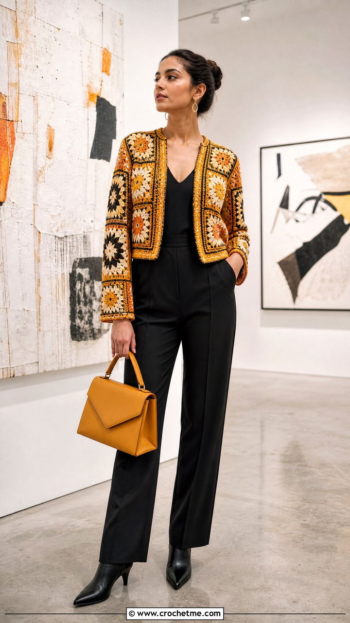 Mosaic Crochet Jacket With Black Jumpsuit - 35 easy crochet jacket outfit ideas