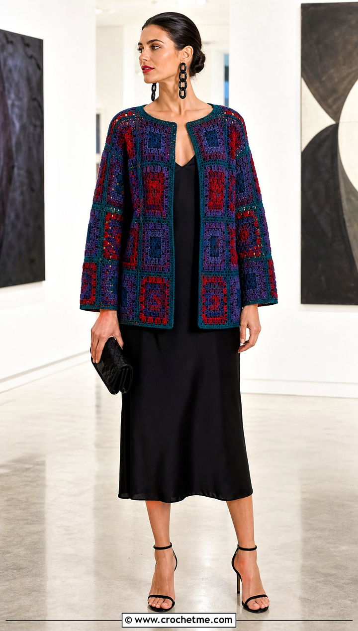 Mosaic Crochet Jacket With Black Slip Dress - 15 Colorful Crochet Jacket Design outfit ideas