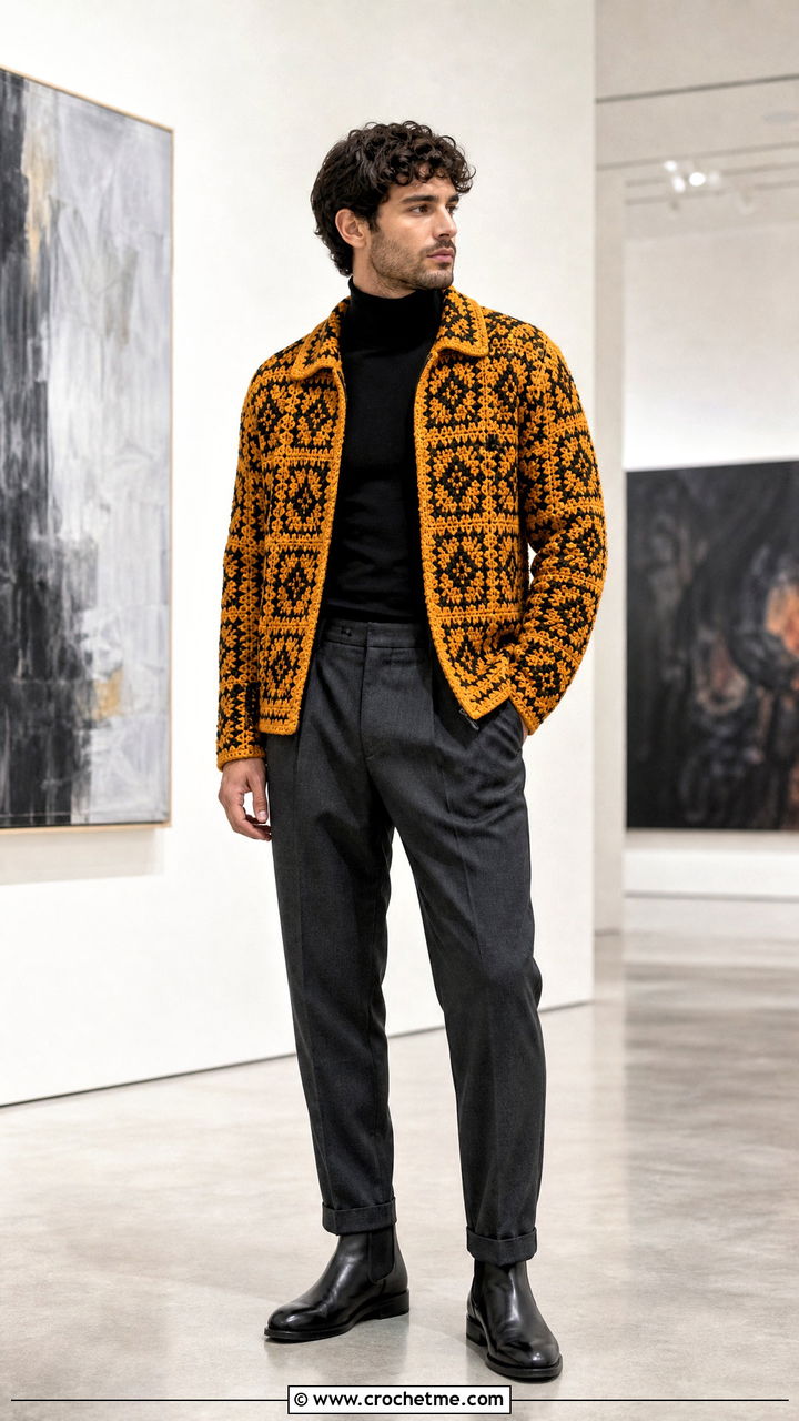 Mosaic Crochet Jacket With Black Turtleneck - 35 crochet jacket for men outfit ideas