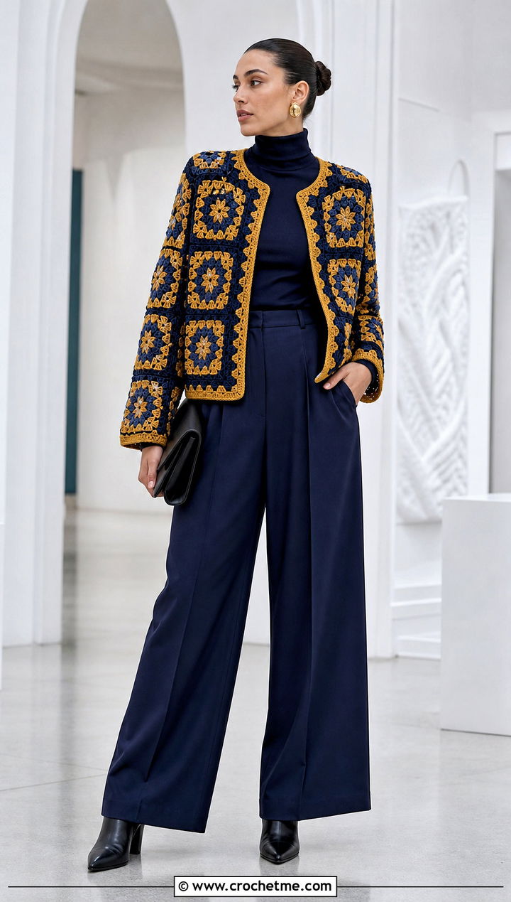Mosaic Crochet Jacket With Monochrome Basics - 30 crochet winter jacket outfit ideas