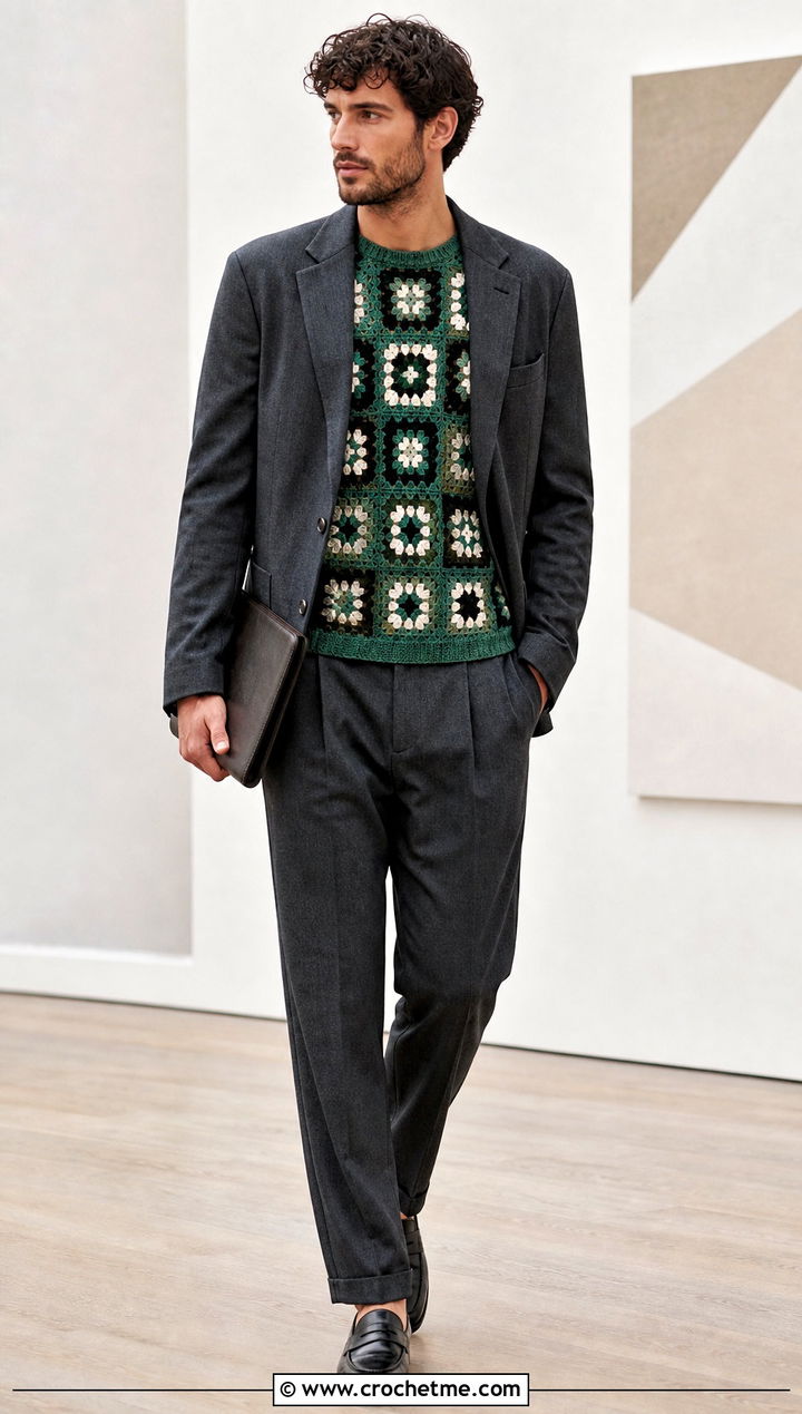 Mosaic Crochet Jumper With A Relaxed Suit - 35 men crochet jumper outfit ideas