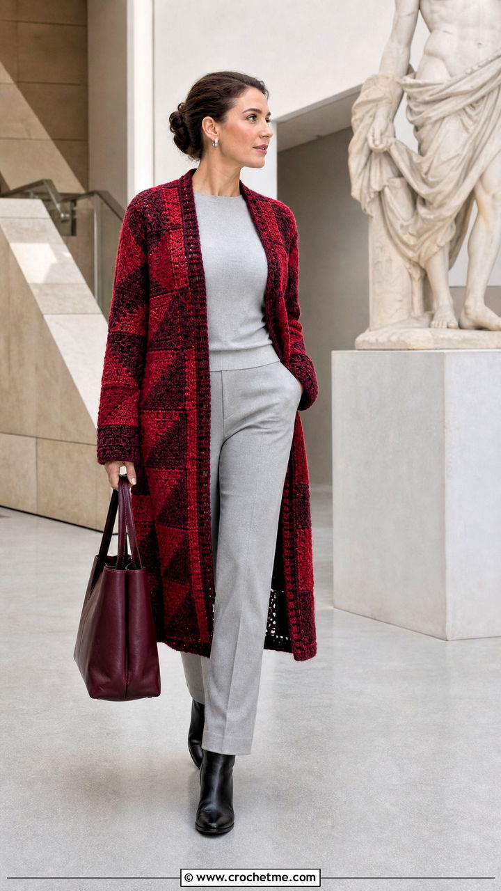 Mosaic Crochet Long Cardigan With Monochrome Basics - 35 crochet long cardigan outfit ideas