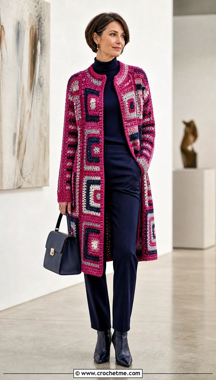 Mosaic Crochet Long Cardigan With a Monochrome Outfit - 20 Easy Crochet Long Cardigan outfit ideas