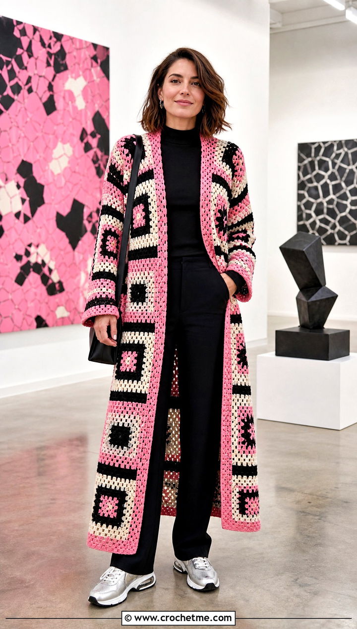 Mosaic Crochet Long Coat With Black Basics - 35 crochet long coat outfit ideas