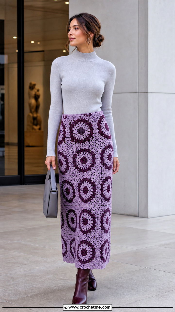 Mosaic Crochet Long Skirt With Mock Neck Top - 35 crochet long skirt outfit ideas
