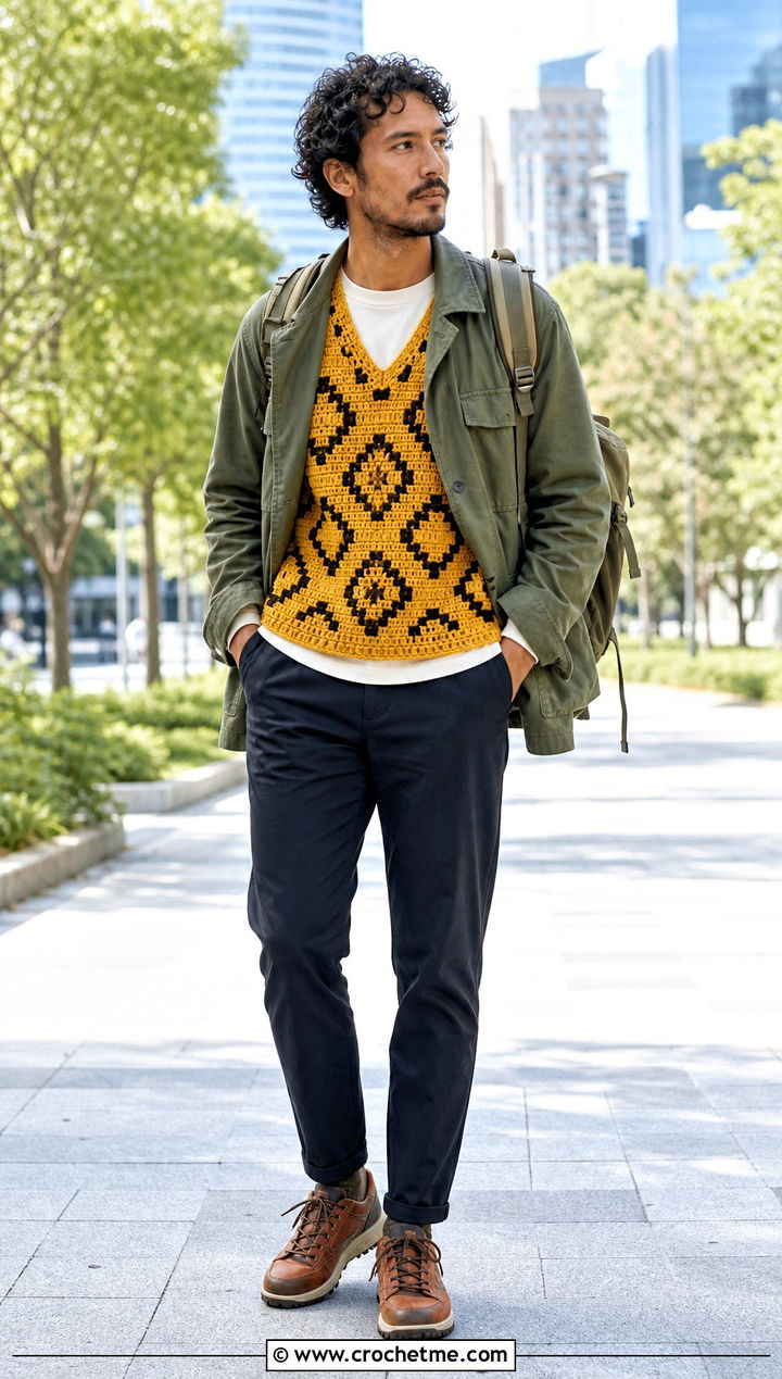 Mosaic Crochet Mens Sweater Vest With Utility Jacket - 25 crochet mens sweater vest outfit ideas