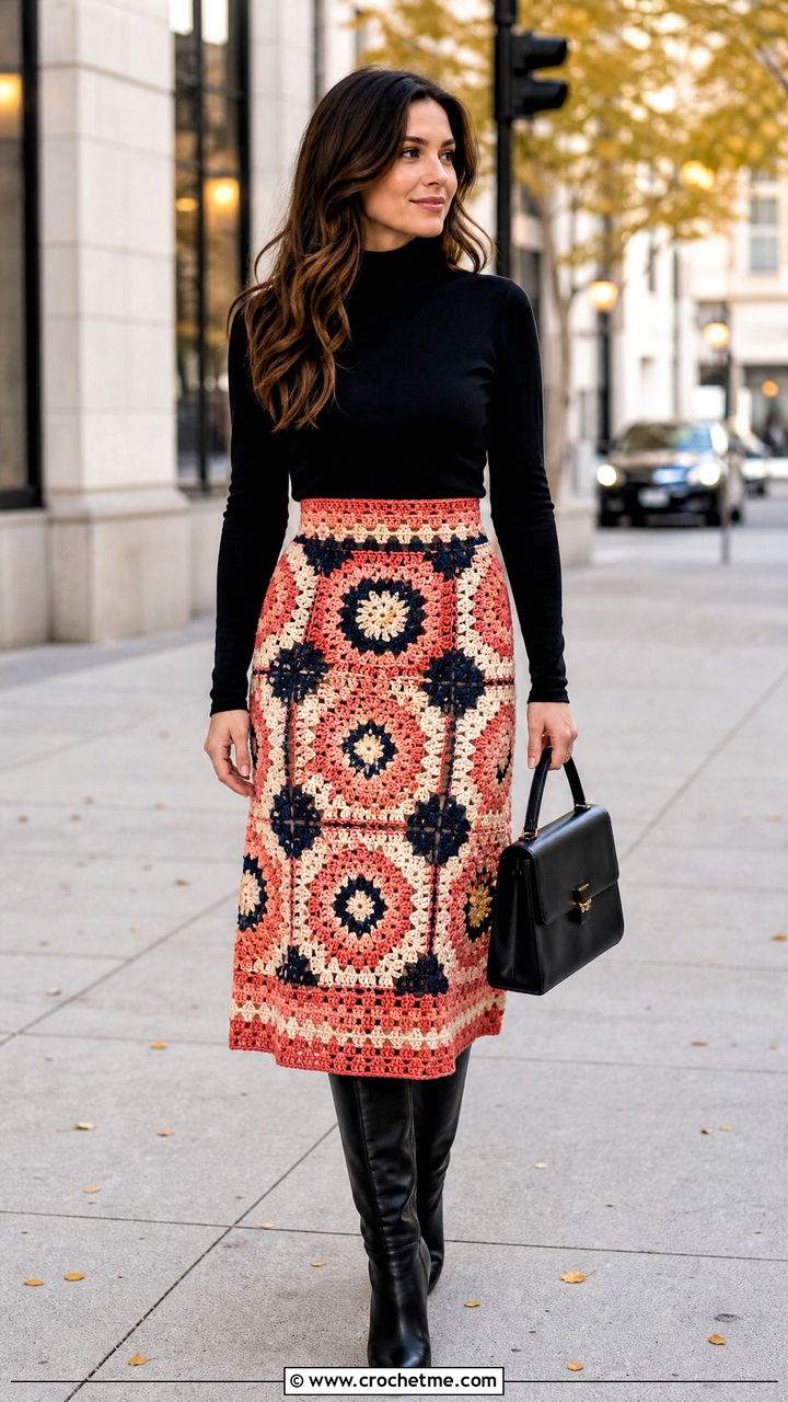 Mosaic Crochet Midi Skirt With Black Turtleneck - 35 crochet skirts outfit ideas