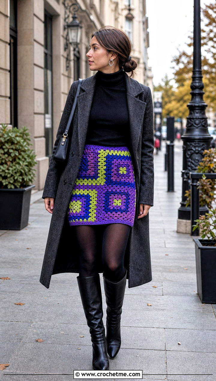 Mosaic Crochet Mini Skirt With Turtleneck And Boots - 15 colorful crochet skirt designs outfit ideas