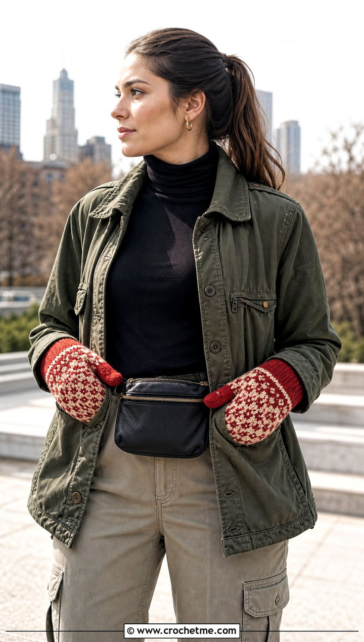 Mosaic Crochet Mittens With Utility Jacket - 25 women crochet mittens outfit ideas