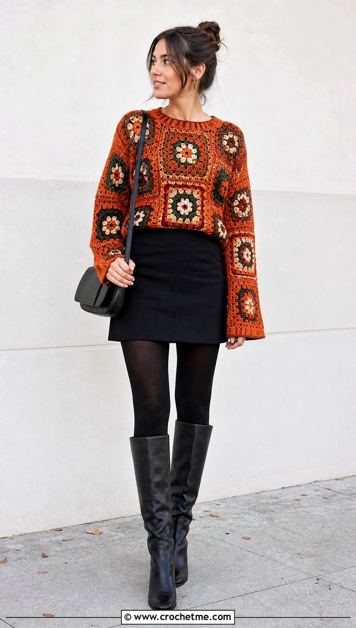 Mosaic Crochet Panel Sweater With Mini Skirt - 30 crochet panel sweater outfit ideas