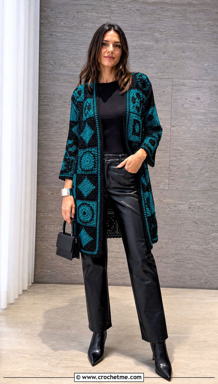 Mosaic Crochet Patched Cardigan With Leather Pants - 20 Crochet Patched Cardigan outfit ideas