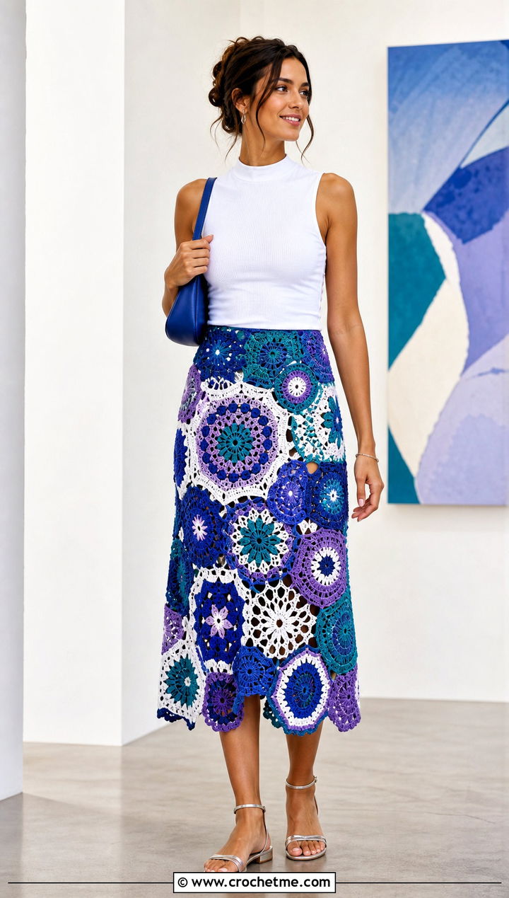 Mosaic Crochet Patchwork Midi Skirt With Minimal Tank - 30 crochet patchwork skirt outfit ideas
