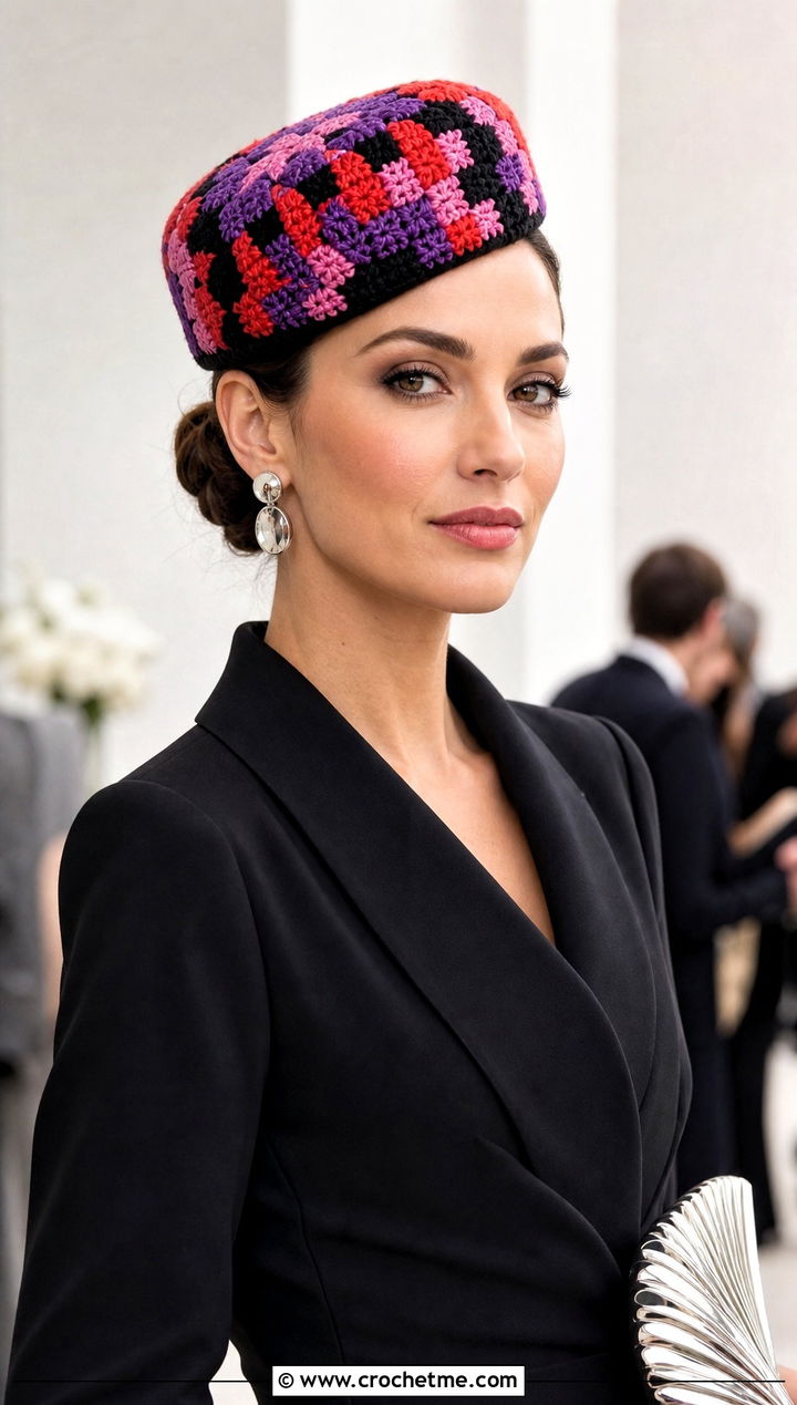 Mosaic Crochet Pillbox Hat With Blazer Dress - 15 multi color crochet hat outfit ideas