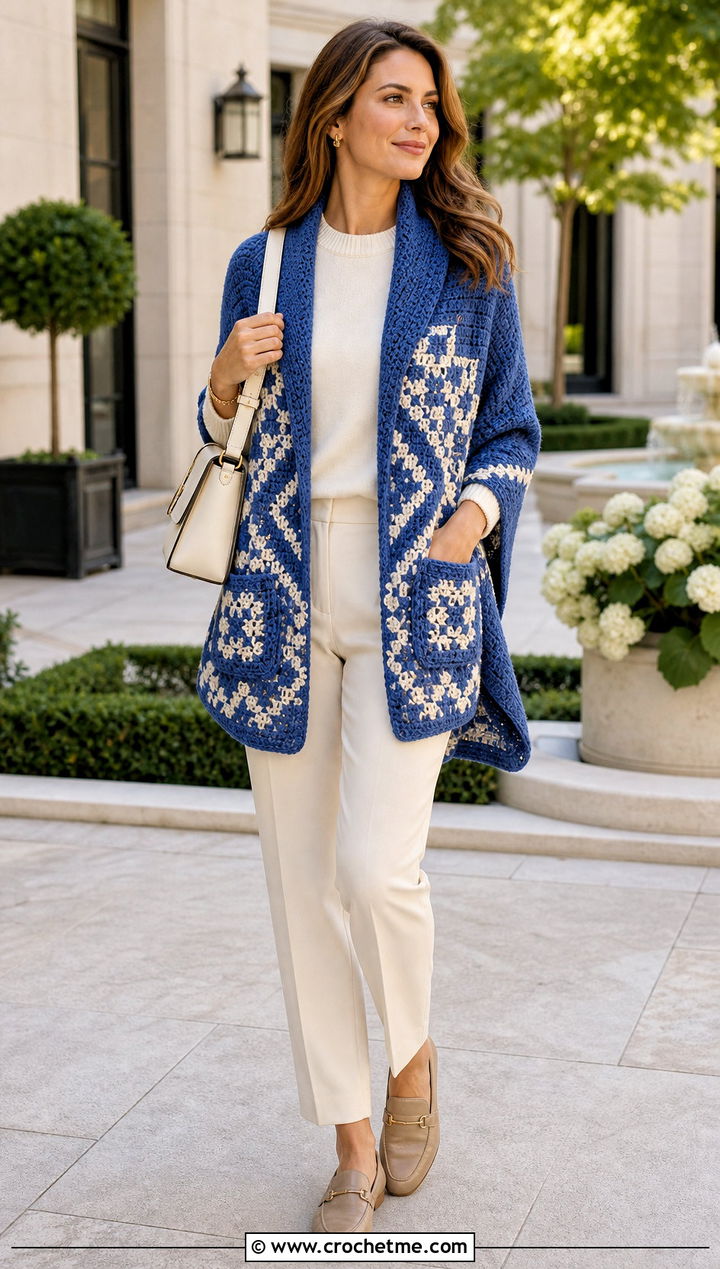 Mosaic Crochet Pocket Shawl With Monochrome Basics - 25 Easy Crochet Shawl With Pockets outfit ideas