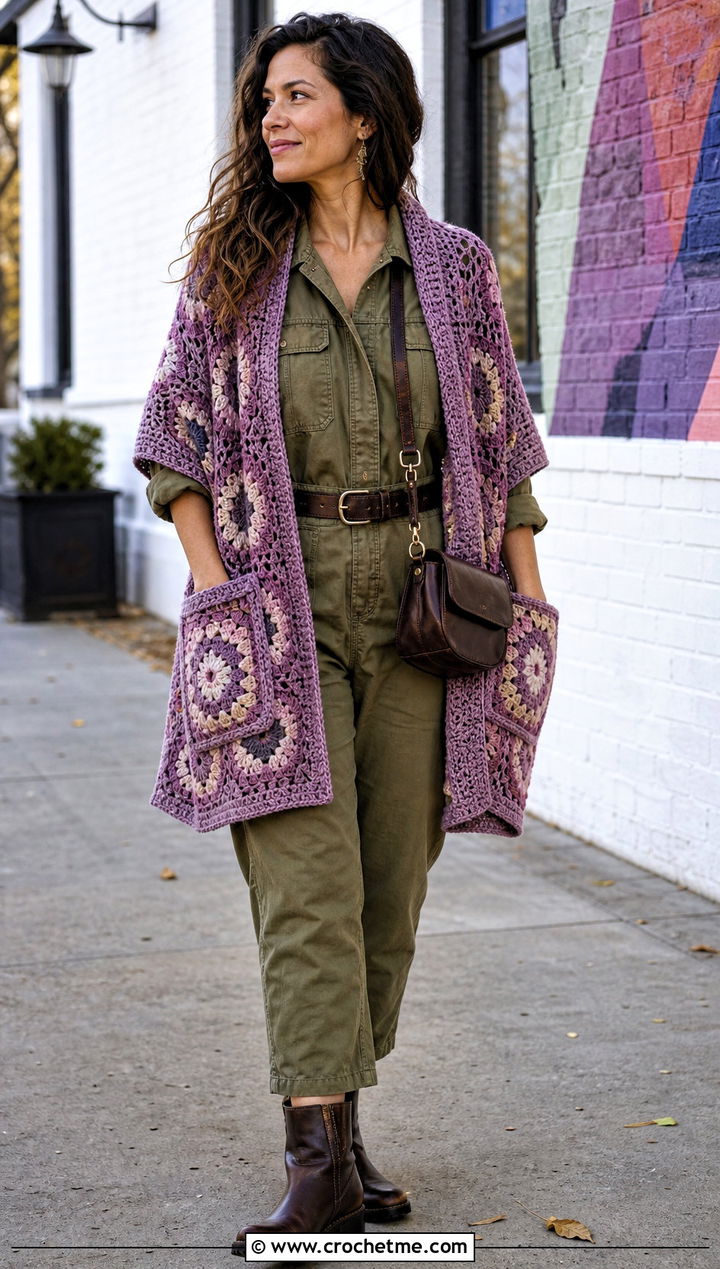 Mosaic Crochet Pocket Shawl With Utility Jumpsuit - 25 Crochet Pocket Scarf Shawl outfit ideas