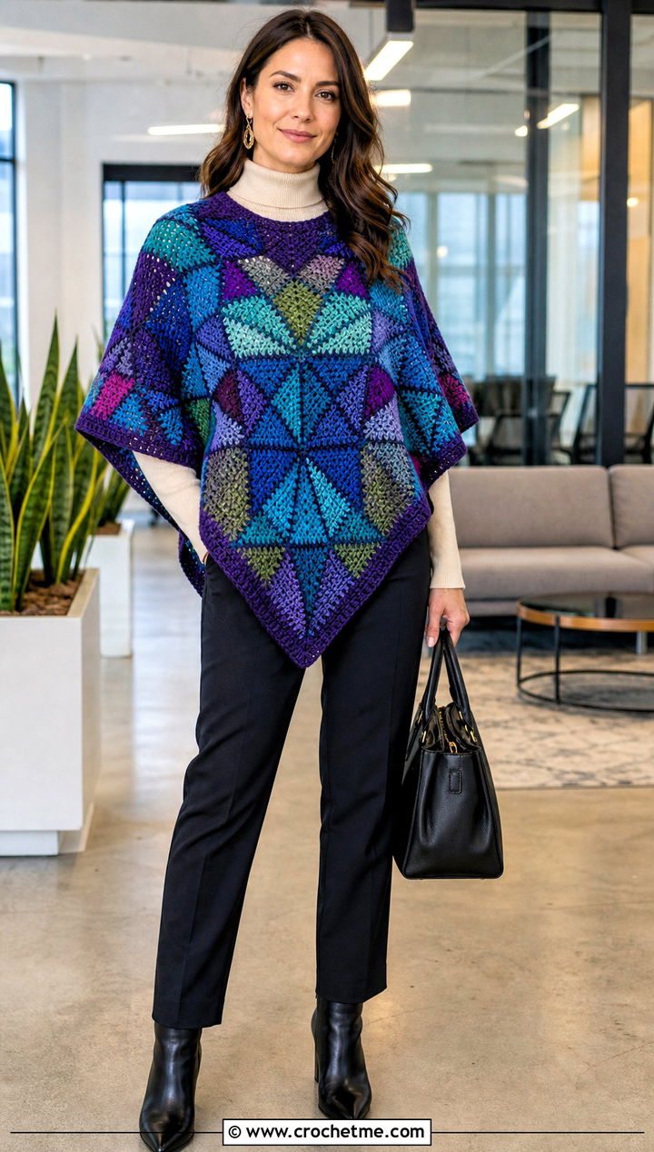 Mosaic Crochet Poncho Shawl With Straight Leg Trousers - 30 mosaic crochet shawl outfit ideas