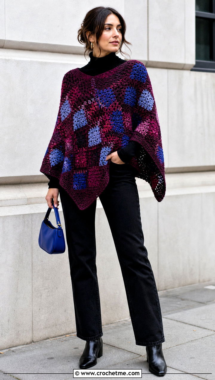 Mosaic Crochet Poncho With Black Denim - 30 woman winter crochet poncho outfit ideas