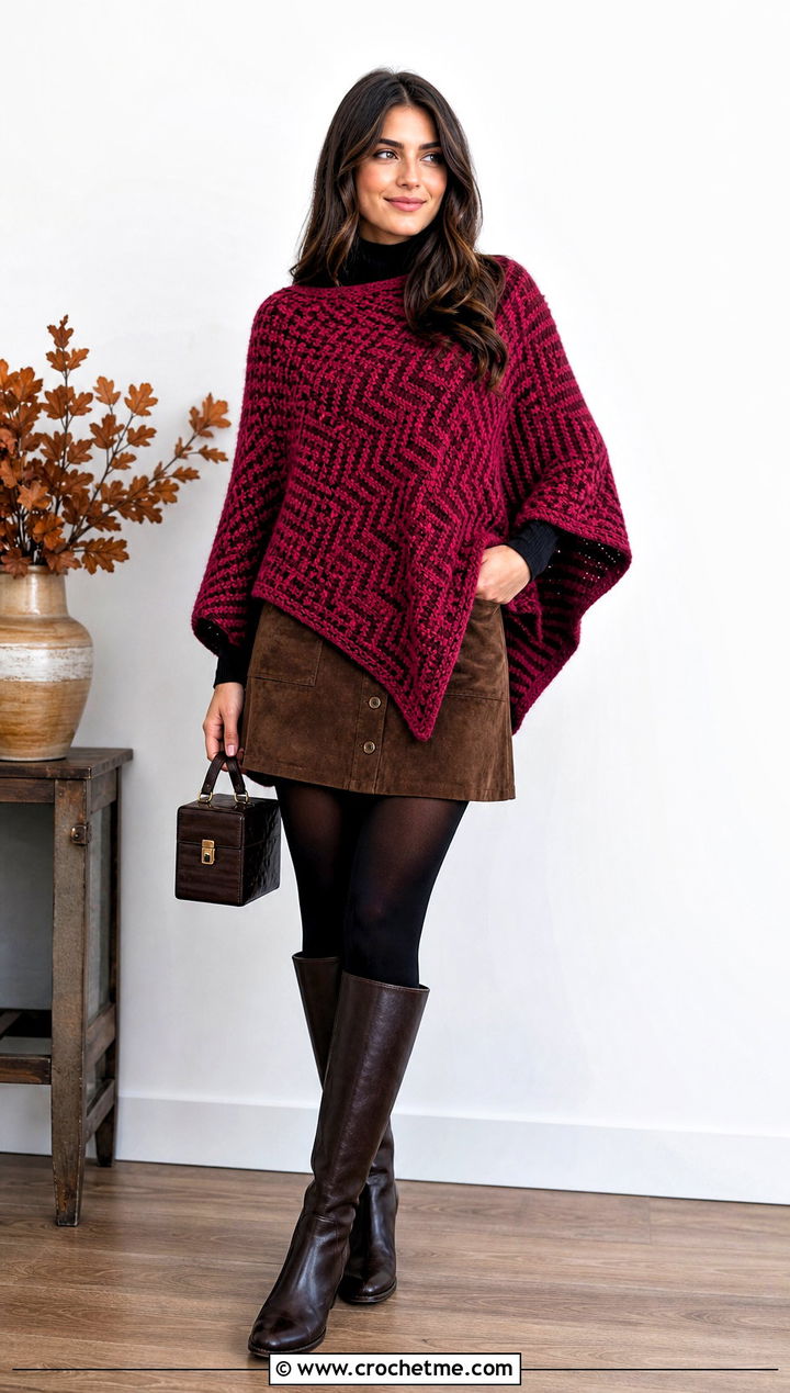 Mosaic Crochet Poncho With Mini Skirt And Boots - 20 Crochet Fall Poncho outfit ideas