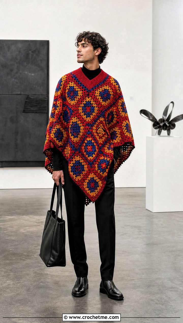 Mosaic Crochet Poncho With Monochrome Basics - 30 men crochet poncho outfit ideas