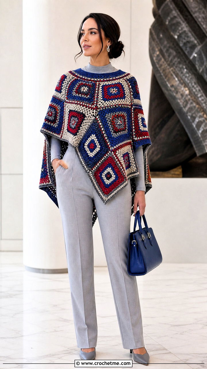 Mosaic Crochet Poncho With Monochrome Separates - 35 crochet ponchos outfit ideas